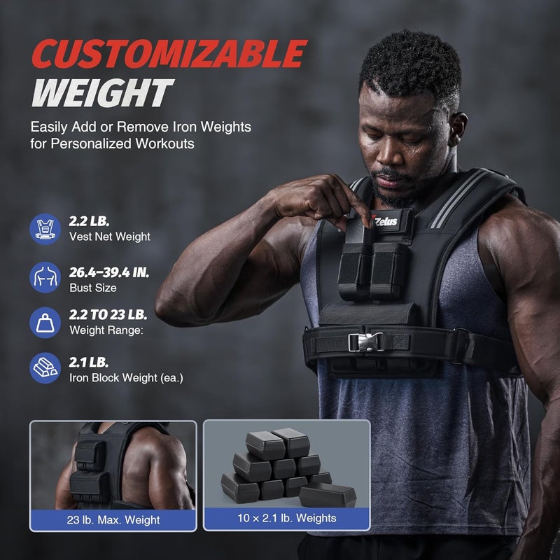 ZELUS Weighted Vest Men, 23/36/45 lb. Weight Vest with 10/16/20 Adjustable Iron Weights for Muscle Building Strength & Functional Training, Weighted Vest for Men with Reflective Strips. - Image 5